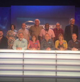 (L-R) Charles Thomas, Ian Chapman, Katharine Strain, Andy Ruding, Jackie Hamill-Keays and Christopher Mills with the BBC’s Eggheads team